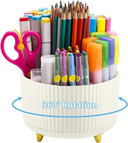 Multi Purpose 360-Degree Rotating Desk Organizer, with 5 Compartments (Cream)