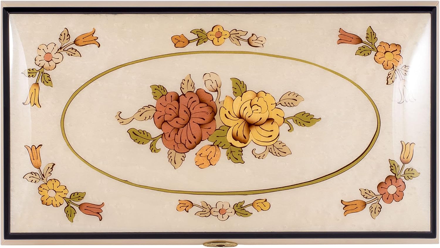 Splendid Elegant White Floral Italian Inlaid Music Box/Jewelry Box in High Gloss Finish with Customizable Tune Options, Handmade in Sorrento, Italy