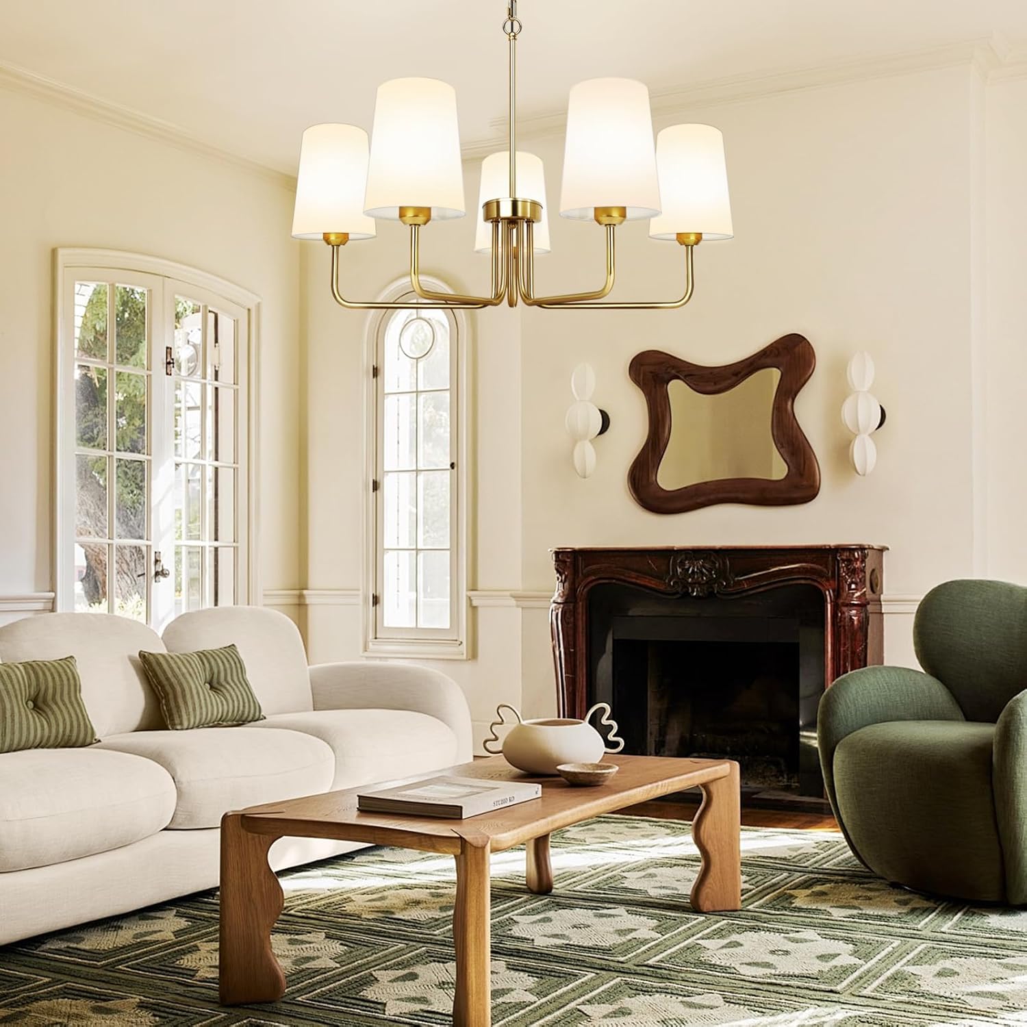 Farmhouse Chandelier Gold Chandeliers for Dining Room with White Fabric Shade Rustic 5 Lights Dining Room Light Fixture for Kitchen, Bedroom, Living Room