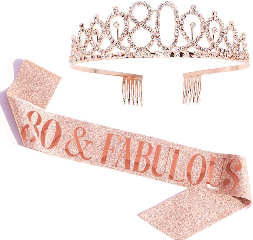 "80 and Fabulous" Sash & Rhinestone Tiara Set - 80th Birthday Sash 80 Birthday Gifts Party Favors