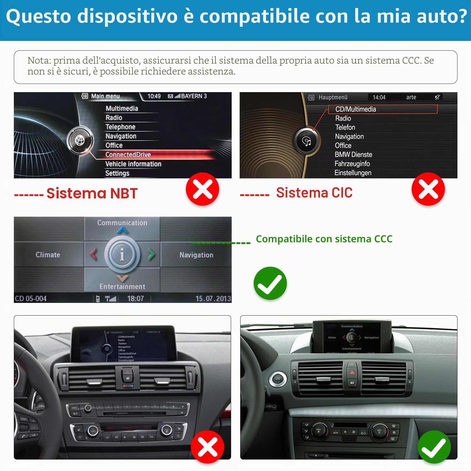 Autoradio touchscreen da 12,3 pollici per BMW Serie 1 E81/E82/E87/E88 2004-2008 con sistema CCC, supporta Apple CarPlay/Android Auto/Mirrorlink/Navigazione, aggiornamento autoradio