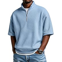 Men's Quarter Zip Waffle Knit Shirt Short Sleeve Textured Relaxed Fit Casual Summer Pullover Polo Tops for Men