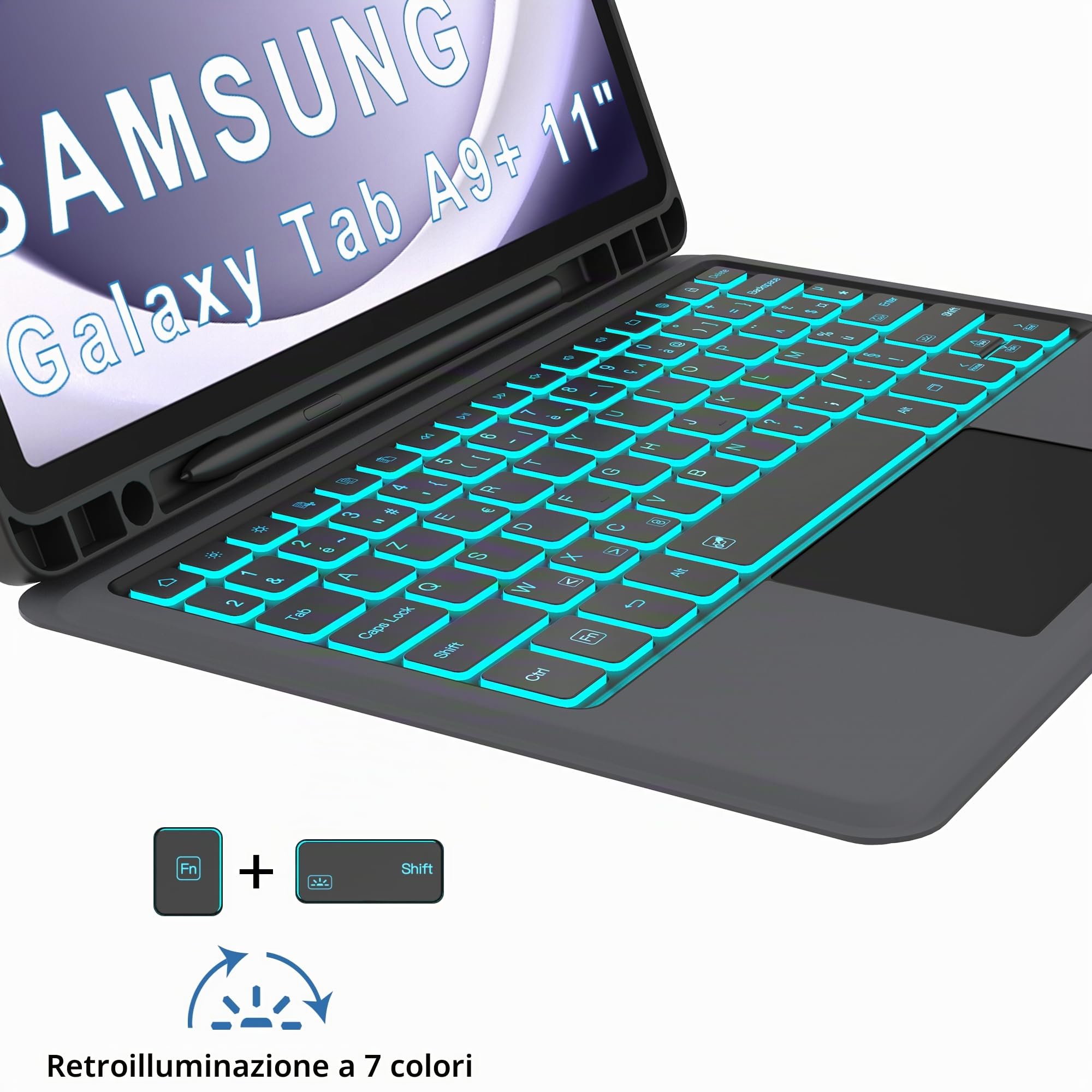 Custodia tastiera AZERTY francese per Samsung Galaxy Tab A9+ Plus 11 pollice 2023 | Retroilluminato 7 Colori Touchpad, Rimovibile, Magnetico, Portapenne Custodia Protettiva TPU Viaggio Studente