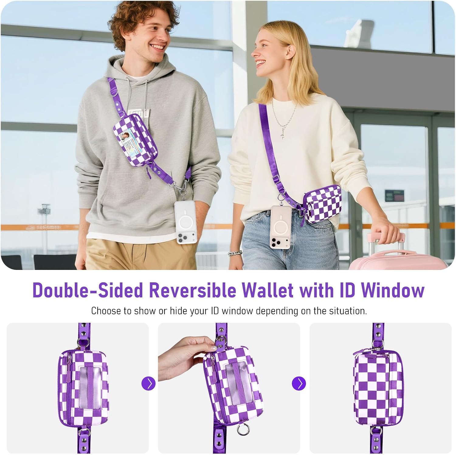 Clip and Go Strap for Phone with Wallet Crossbody Phone Lanyard and Detachable Checkered Bag with ID Window and RFID Pouch for Daily Travel. - Image 5