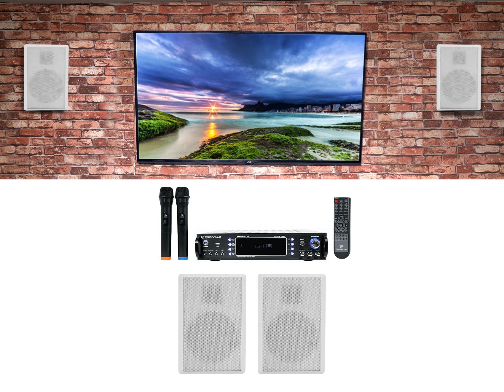 Rockville Bundle: RPA70WBT V2 1000w 2-Ch Bluetooth Karaoke Amplifier/Mixer+(2) Mics Bundle with (2) Pair Rockville RockSlim White Home Theater 5.25