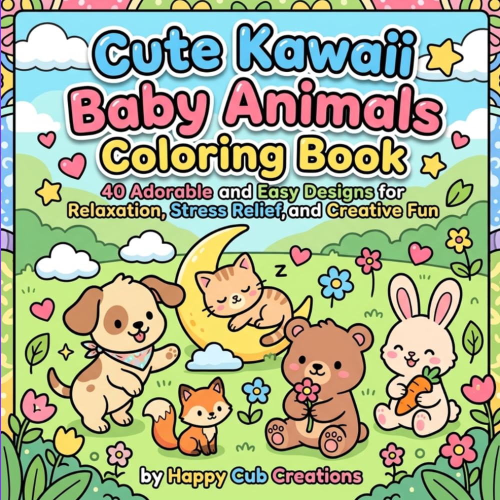 Cute Kawaii Baby Animals Coloring Book: 40 Adorable and Easy Designs for Relaxation, Stress Relief, and Creative Fun
