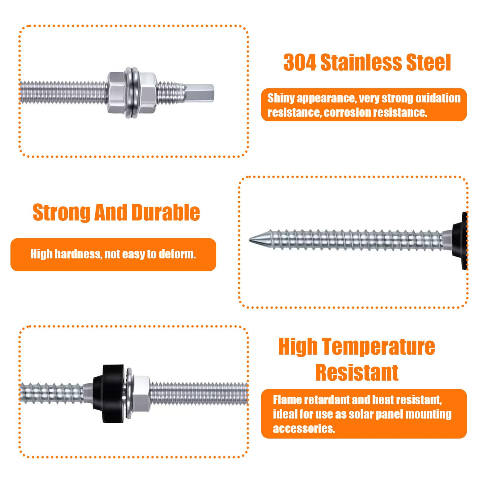 Hanger Bolts M10 X 200mm, Stainless Steel Photovoltaic Brackets Fixtures, Height-Adjustable & Pre-Assembled Solar Panel Accessories Kit for Photovoltaic Solar Mounting Building Roofs (Pack of 6) - Image 2