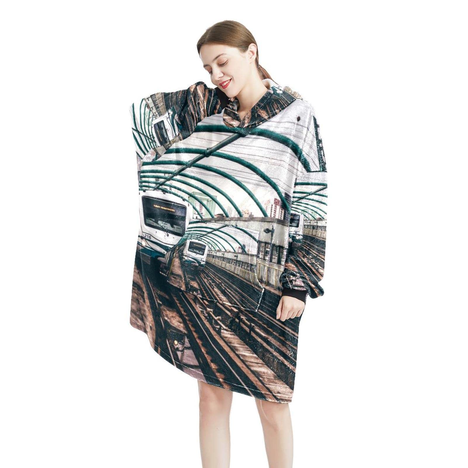 Bluza z kapturem z motywem toru pociągowego, oversize z kapturem dla kobiet, wygodna bluza, wielobarwny, rozmiar uniwersalny