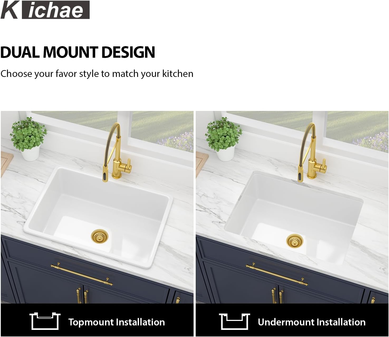 Kichae 27 Inch White Undermount Sink Fireclay 27x19 Inch Dual Drop in & Undermount Kitchen Sink Single Bowl Deep Porcelain Ceramic