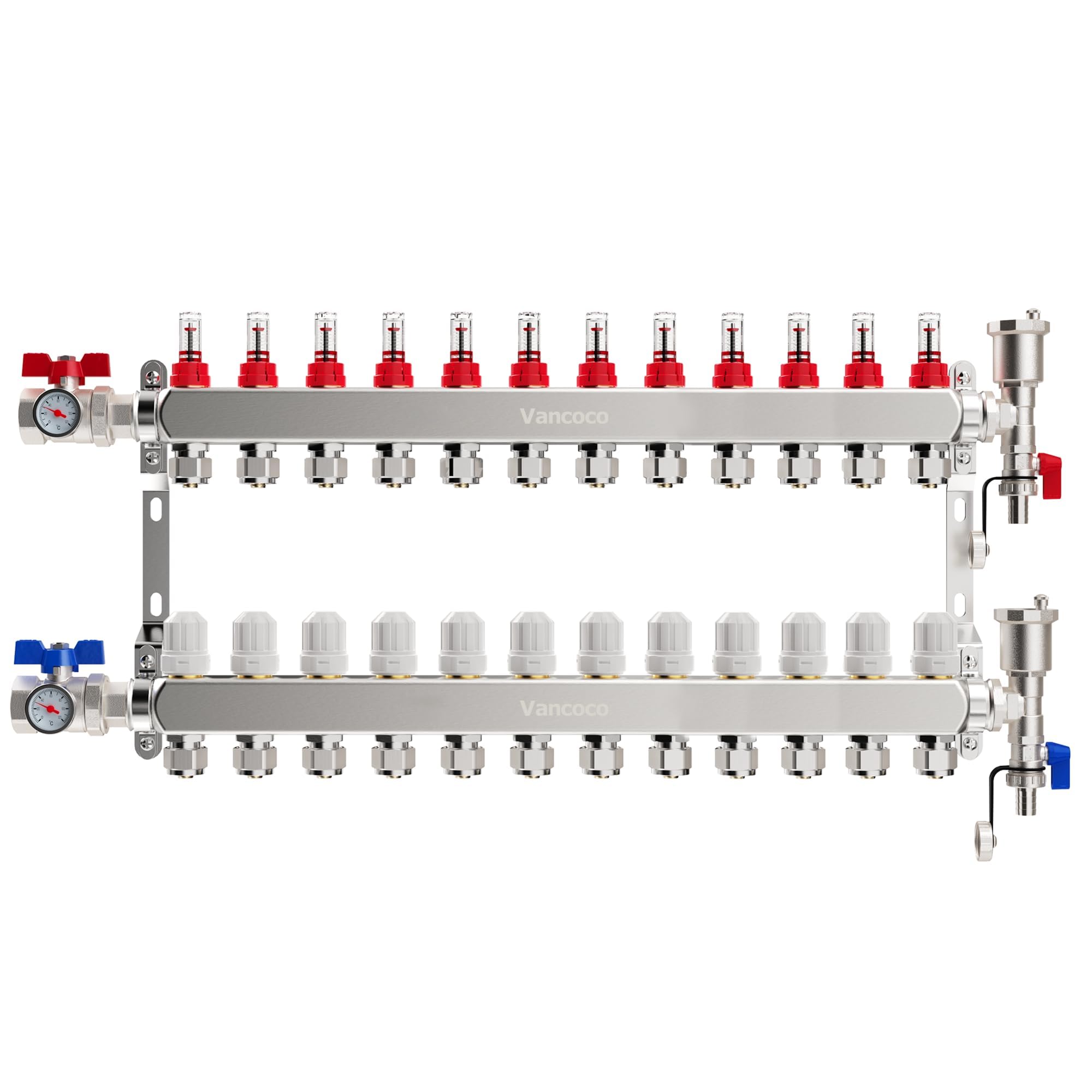 VANCOCO Colector de Suelo Radiante 12 Circuitos, con Cono Europeo 16 × 2 mm, Grifos Bola 1" Compactos, Caudal 5 L/Min, Kit de Purga Rápida