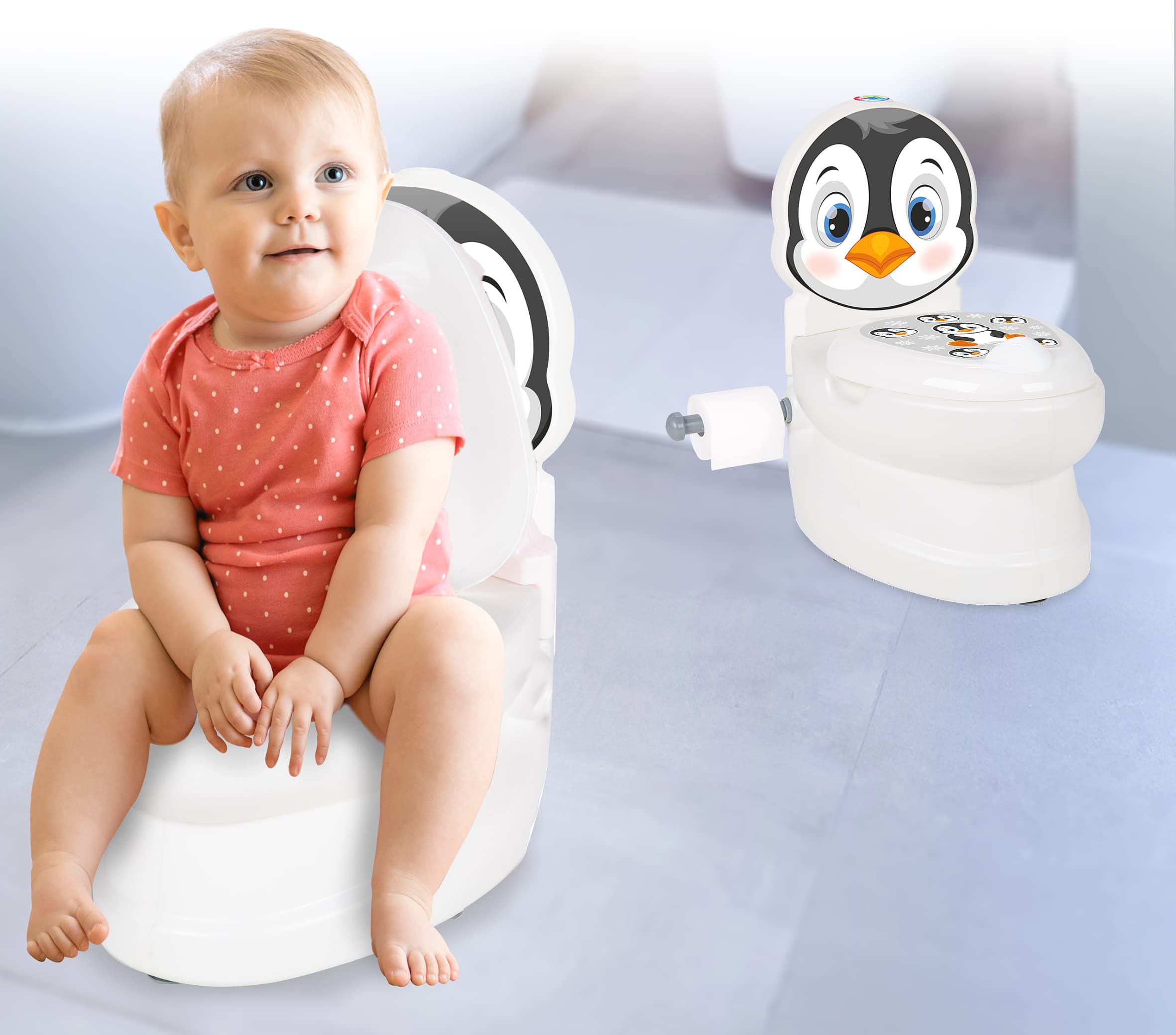 JAMARA Il mio Piccolo WC Pinguino con Suono e Porta Carta igienica - vasino, Facile da Pulire, Bordi arrotondati, Bottoni a Ventosa per Una buona Presa