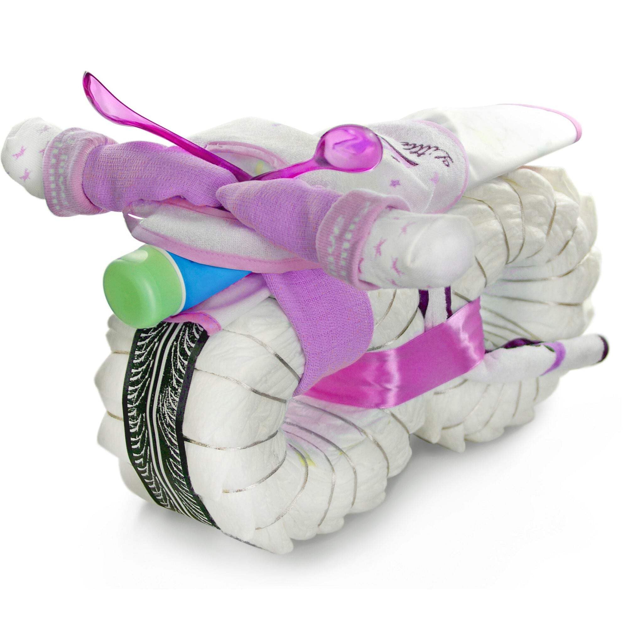 Windeltorte Motorrad ROCKSTAR GIRL rosa | 45-teilig | Windelmotorrad Geschenk zur Geburt Babyparty Baby Shower | 40cm