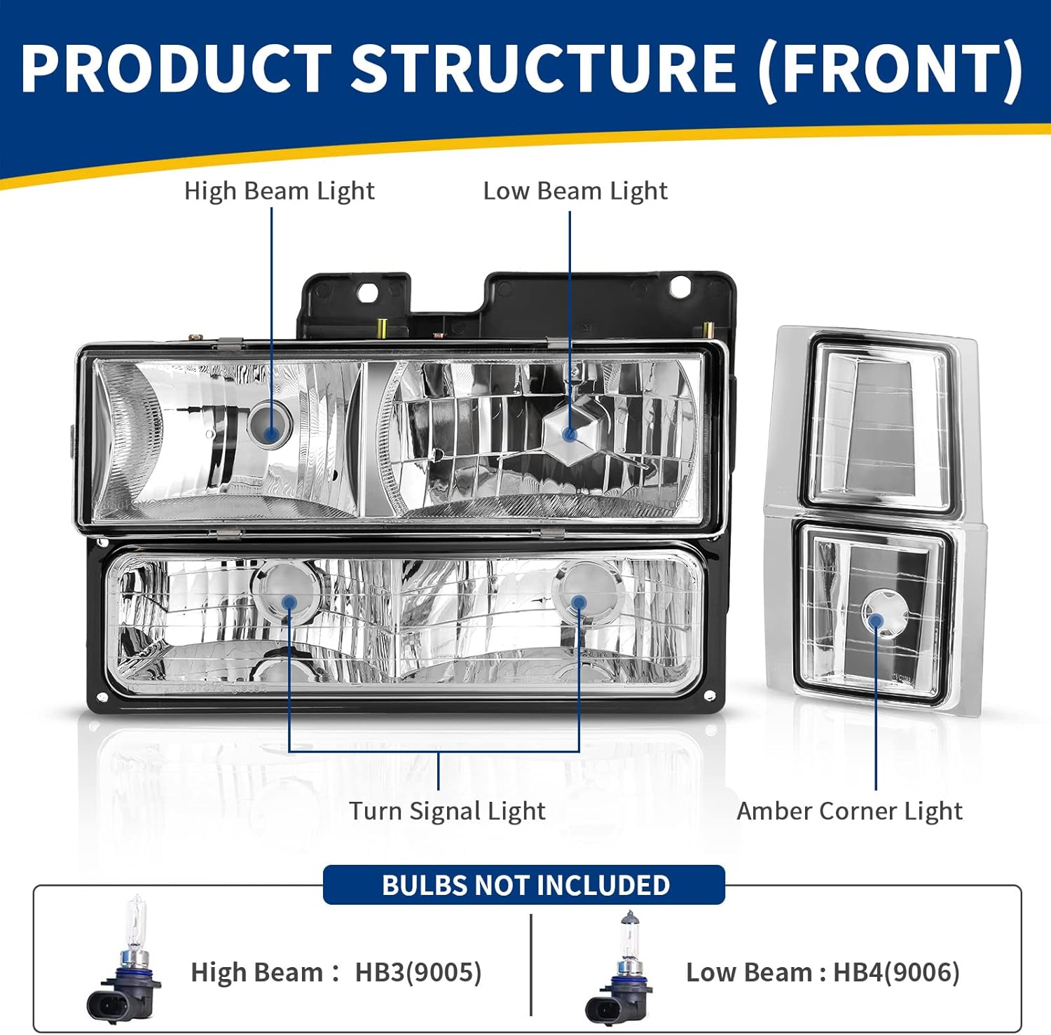 AUTOSAVER88 Headlight Assembly Compatible with 1994-1999 Chevy C/K Series C1500 C2500 C3500 K1500 K2500 K3500 Tahoe Suburban Silverado Crystal Headlamp w/Corner and Bumper Light Chrome Housing