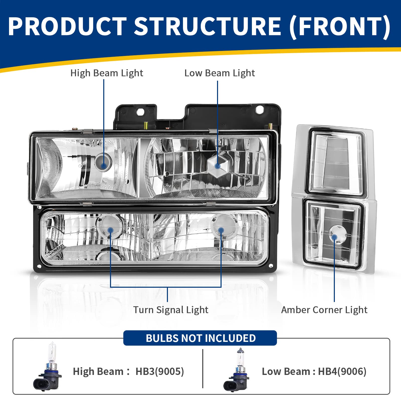 AUTOSAVER88 Headlight Assembly Compatible with 1994-1999 Chevy C/K Series C1500 C2500 C3500 K1500 K2500 K3500 Tahoe Suburban Silverado Crystal Headlamp w/Corner and Bumper Light Chrome Housing