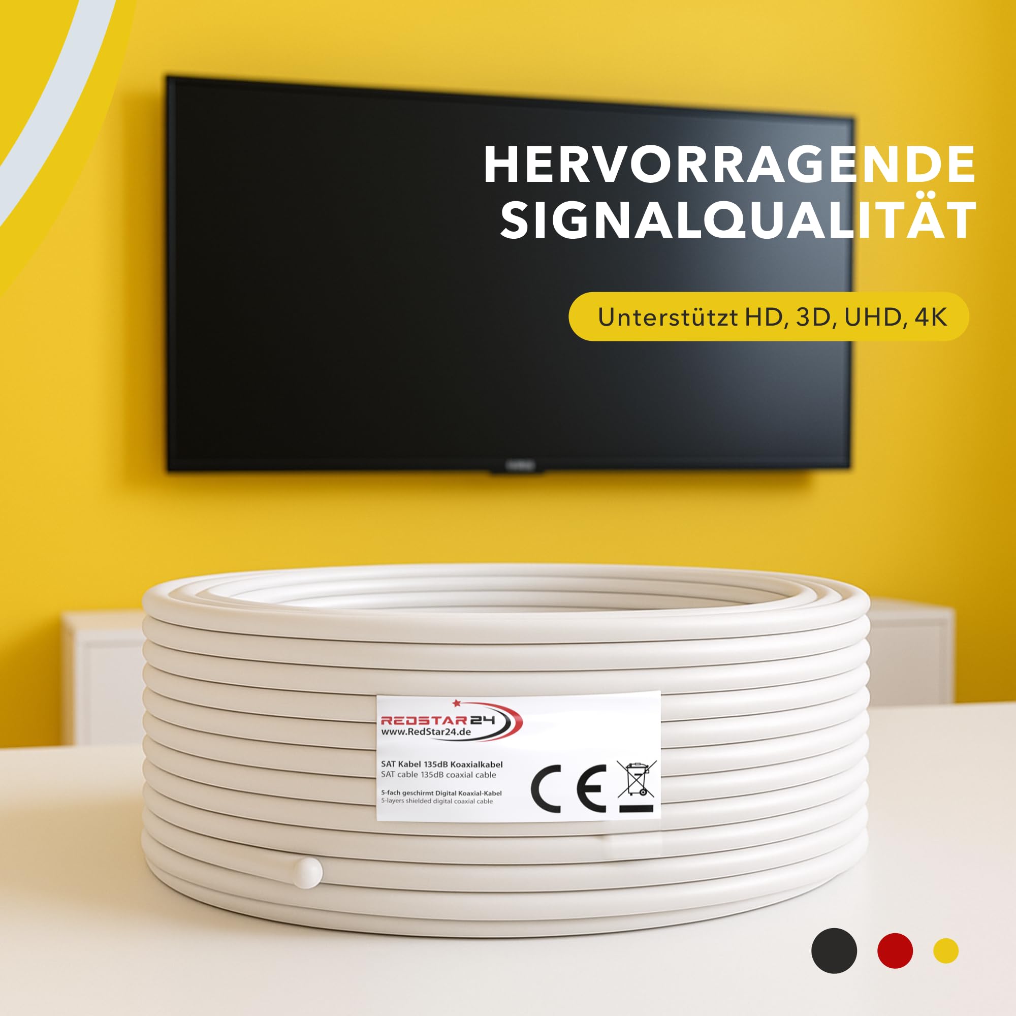RedStar24 100m Koaxialkabel SAT Kabel 135dB Digital | Class A+ | 5-fach geschirmt für Ultra HD 4K DVB-S/S2, DVB-C/C2, DVB-T | Koaxial Antennenkabel für BK Anlagen | Weiß inkl. 10 vergoldete F-Stecker