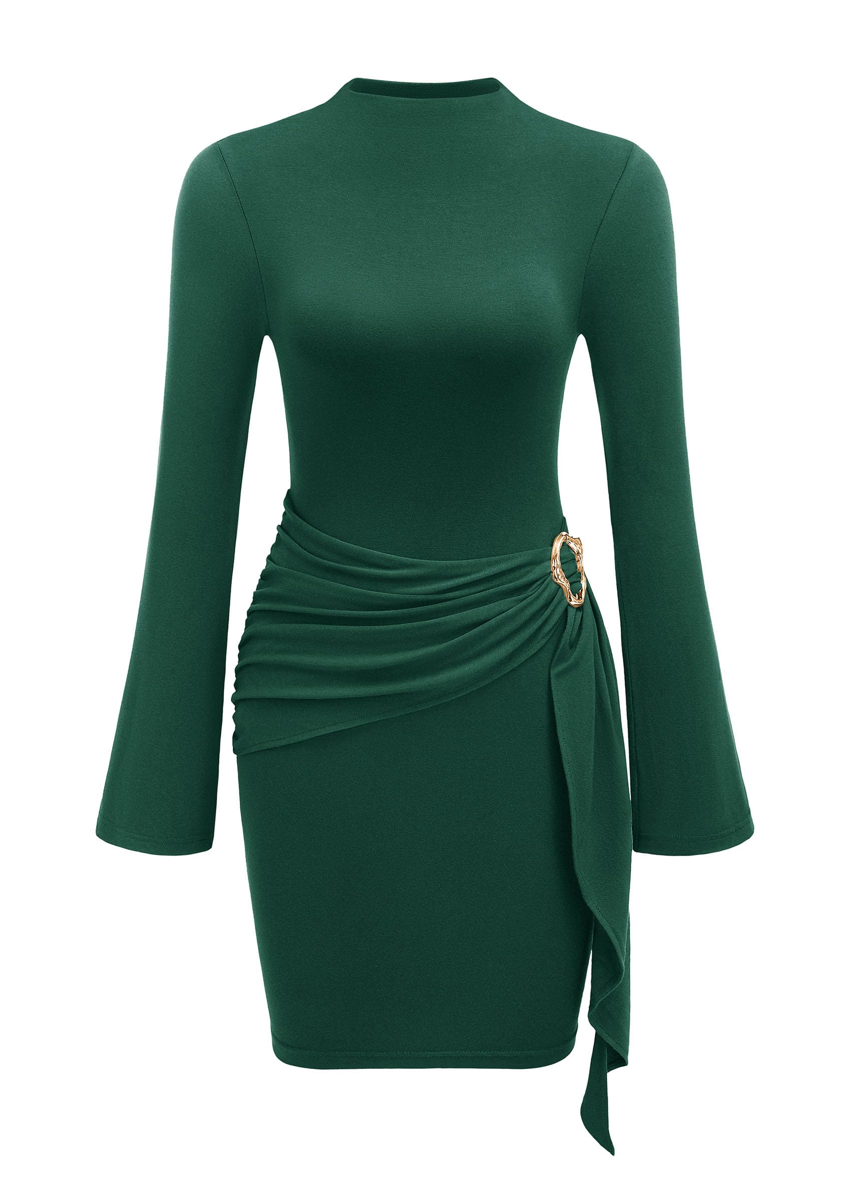 PRETTYGARDEN Women Long Sleeve Bodycon Ruched Mini Dress (Dark Green,XS)