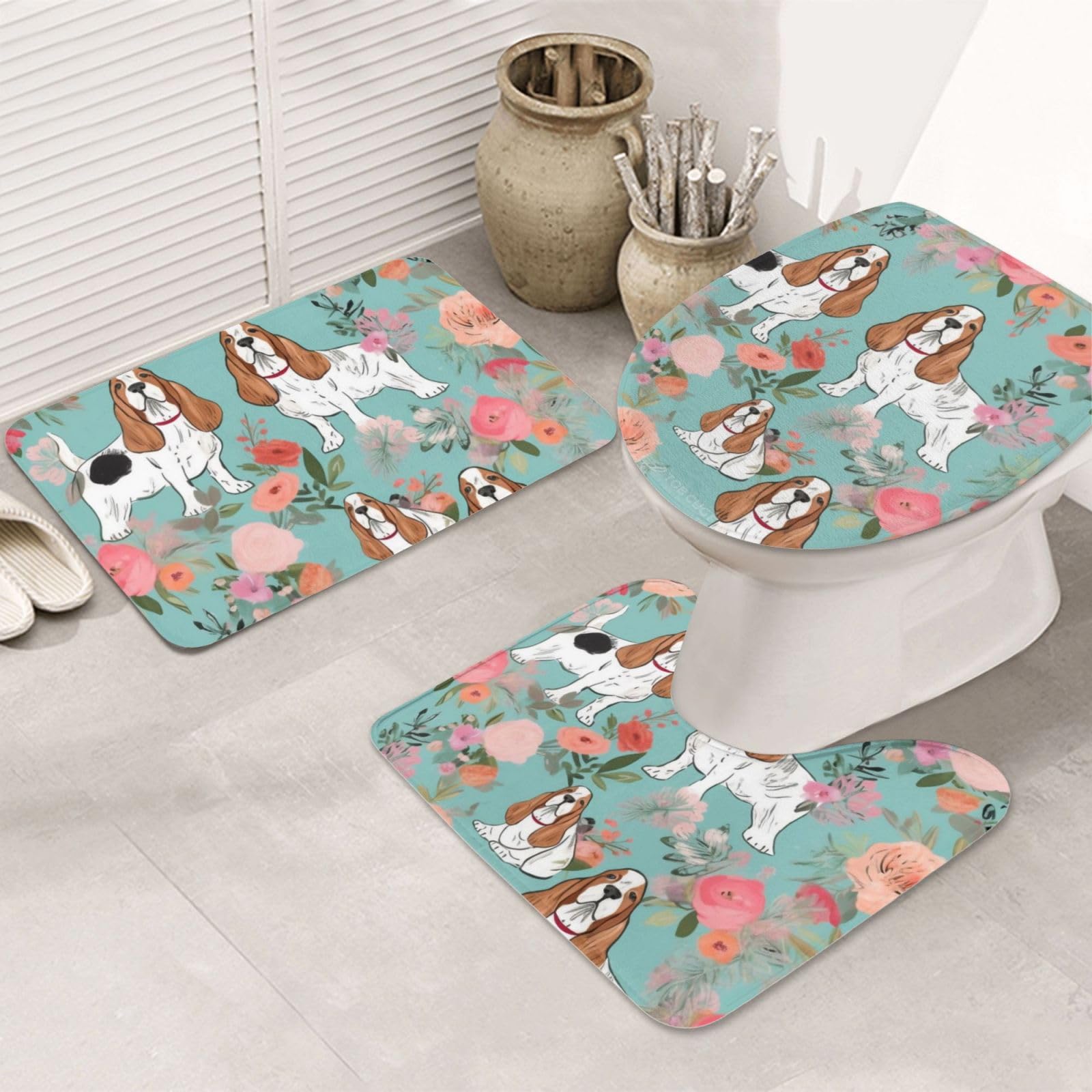 Tapis de bain flanelle au motif Basset Hound pour une salle de bain chaleureuse