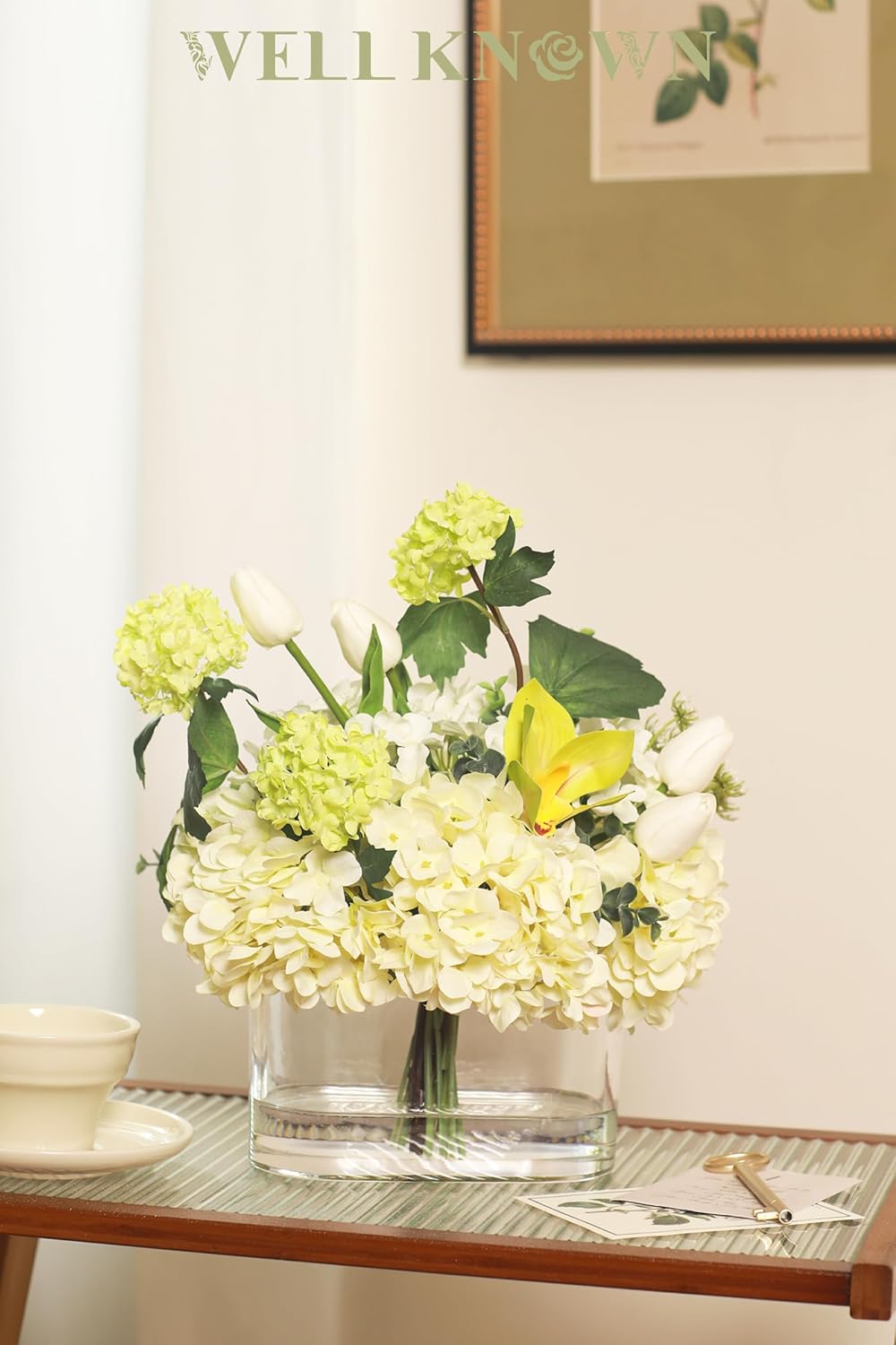 Fake Hydrangea Tulip Flowers in Vase, Artificial Flowers in Vase, Silk Hydrangea Tulip Flowers Dining Table Centerpiece Decorations for Living Room Birthday Wedding Party Decoration & Gift (Green) - Image 3