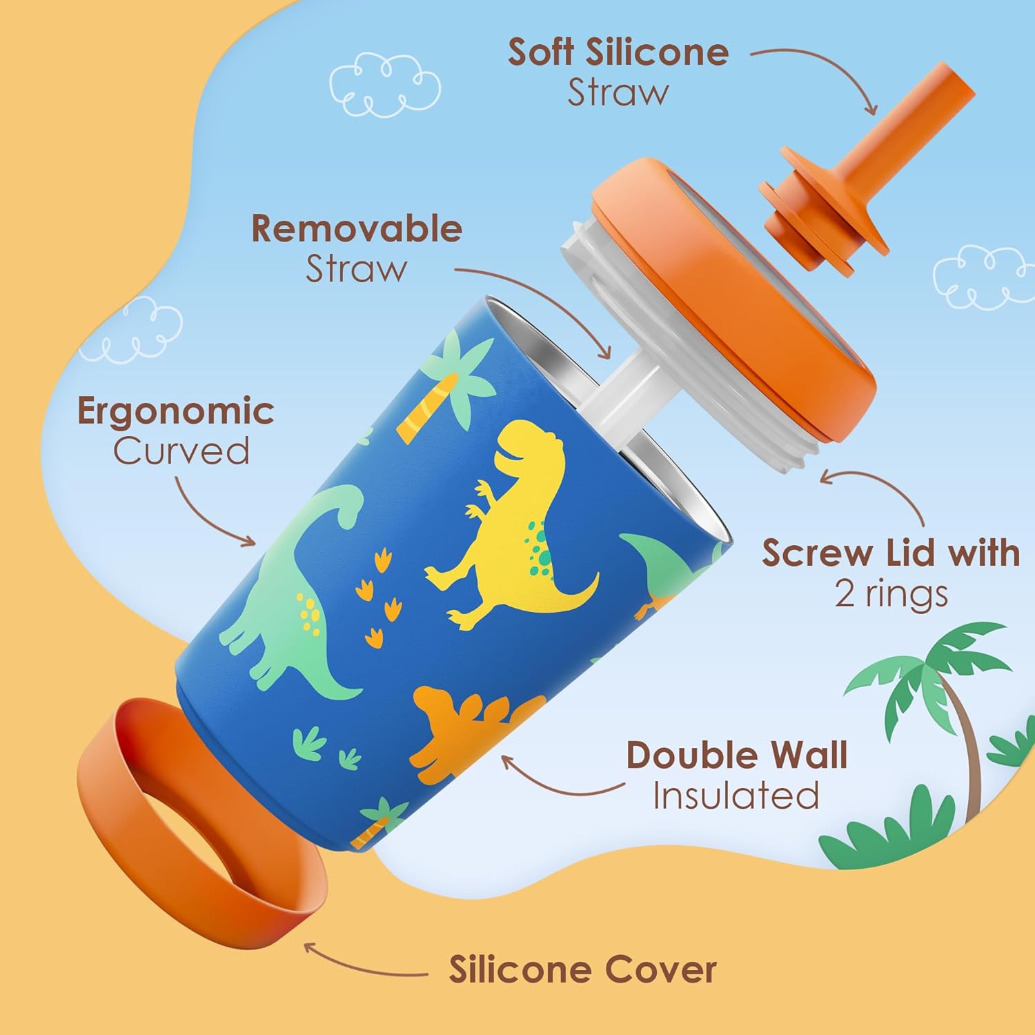 Kid Insulated Stainless Steel Tumbler with Silicone Straw, 12oz Sippy Cup for Kids (Dinosaurs) - Image 3