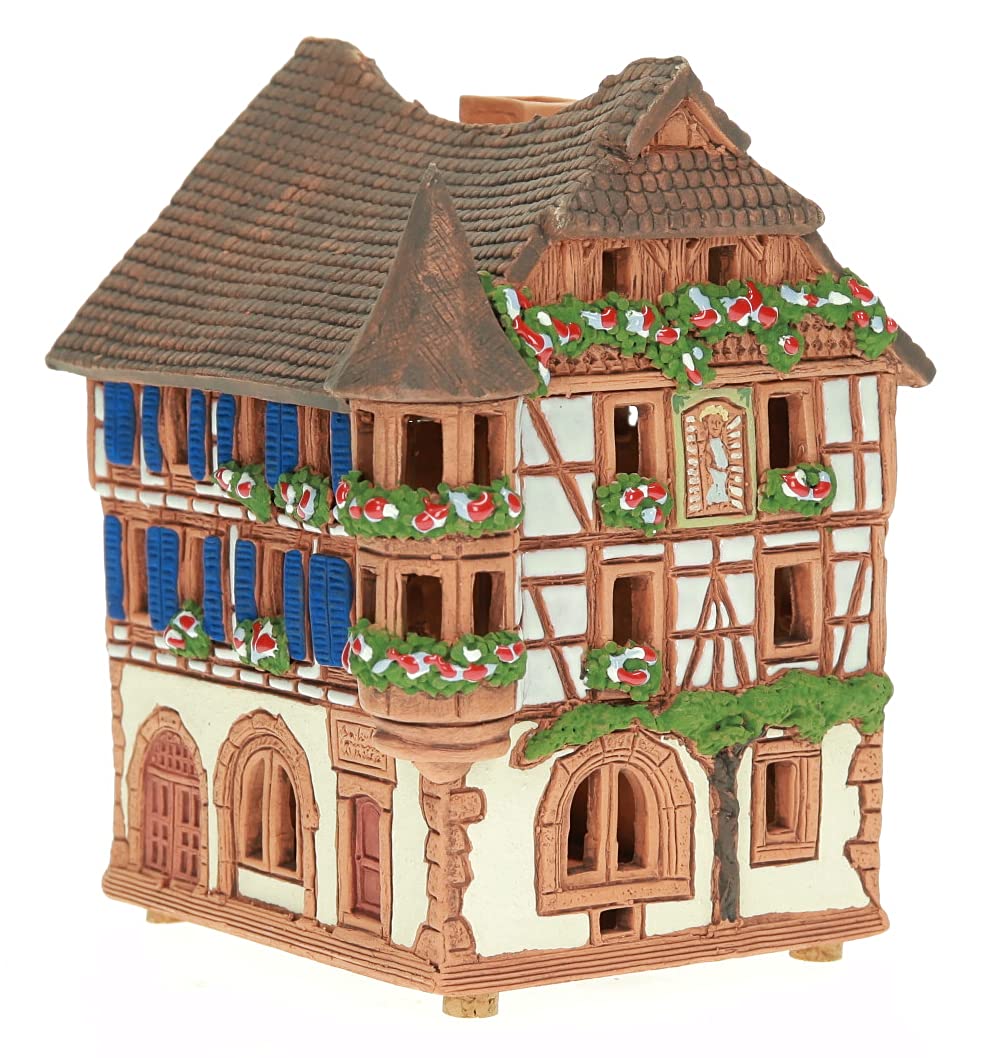 Ceramiczny domek świetlny, rękodzieło, miniaturka artystyczna, historyczny stary dom z muru pruskiego w Kaysersberg, Alzacja, B241AR