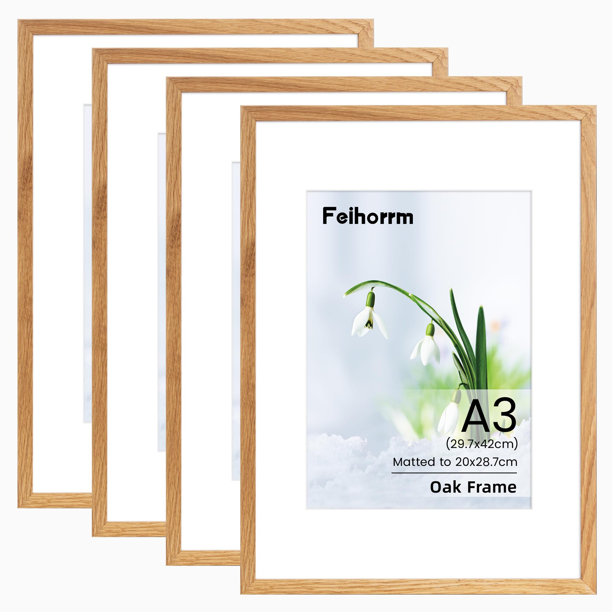 A3 Picture Frame, 4 Pack Solid Oak Wood A3 Frame with Mount for A4 Frame, A3 Poster Documents Certificate Frame with Tempered Glass for Home Office to Hang Portrait or Landscape