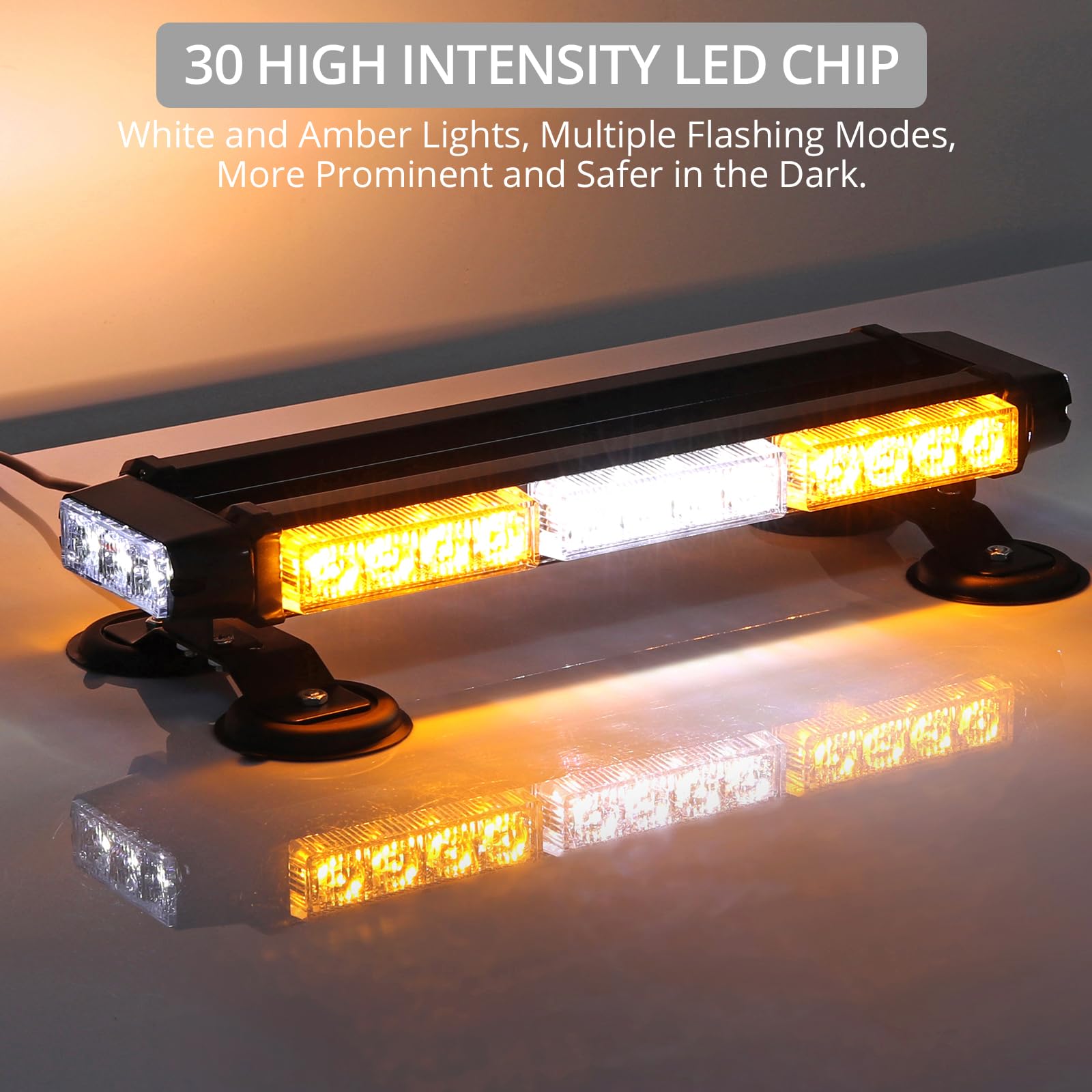 Justech Lampa 30 diod LED, 7 trybów świecenia, silny magnes, bursztyn, żółty + biały, lampa ostrzegawcza, 12/24 V, awaryjna lampa migająca, 30 W, światło migające, 5 m, kabel sieciowy, podwójny