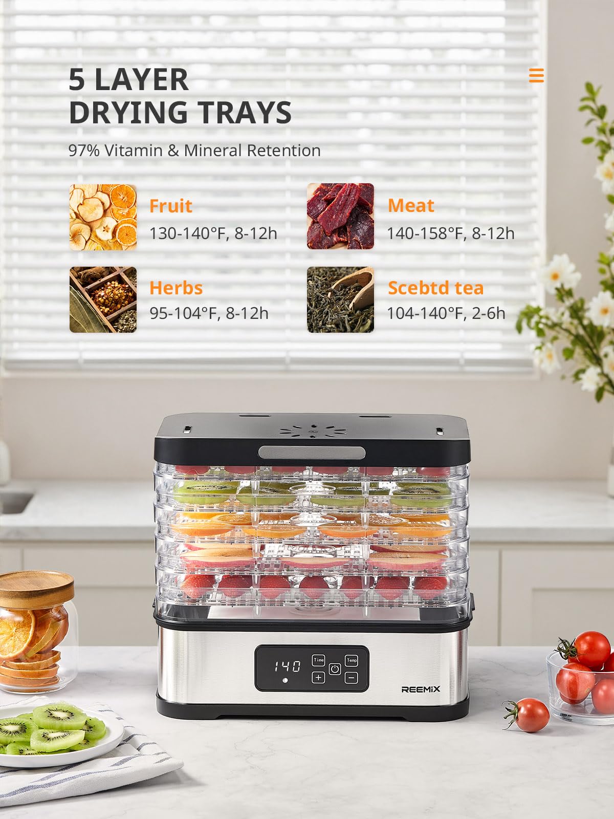 Dörrautomat mit 5 Etagen, Edelstahl-Basis, Digitaler Touch-Display für Präzise Temperatur & Zeitsteuerung, Kompakter Obsttrockner für Dörrfleisch, Obst, Gemüse und Kräuter (White)
