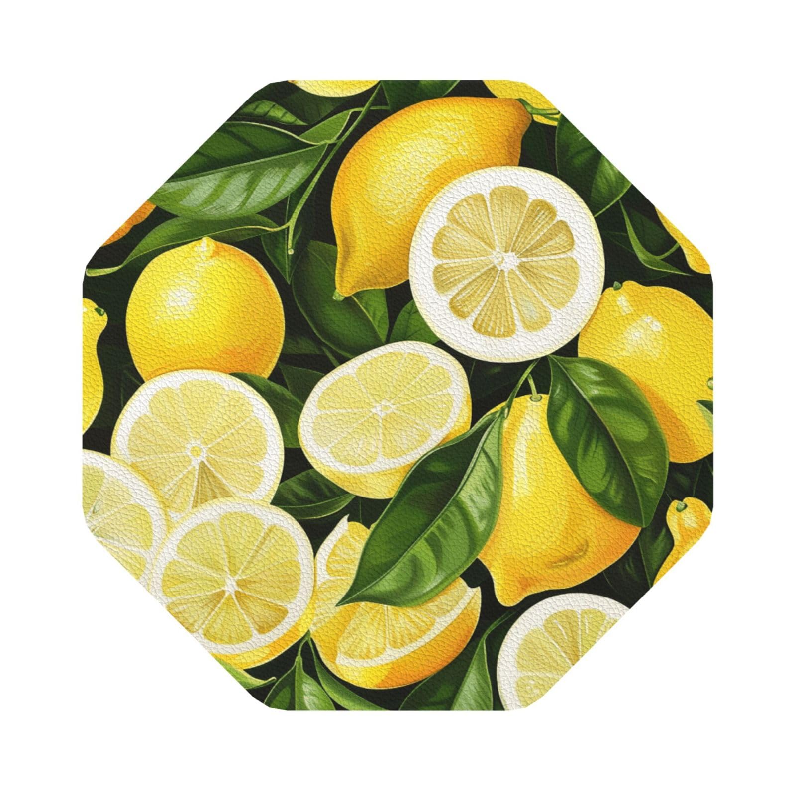 Fresh Tropical Lemons Print Leather Coaster Set of 6, Octagon Coasters Table Decorative Coffee Cup Beverage Coasters Wine Beer Bar Coasters for Hot Drinks Table Protection
