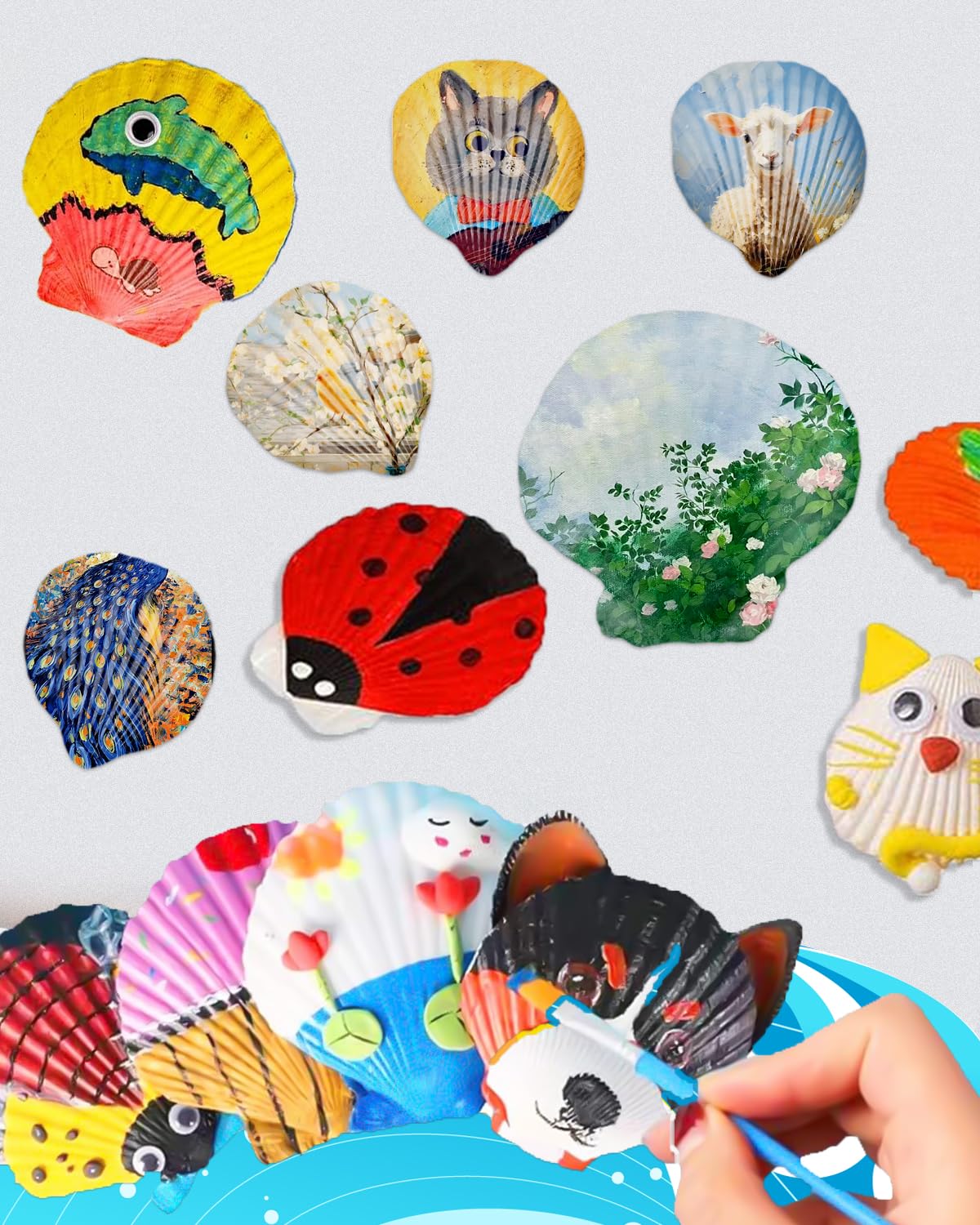 Schelpen beschilderen voor kinderen, 12 stuks schelpen om te knutselen, zeethema schelpen beschilderen met 5 kleuren klei, doe-het-zelf schilderkunst, knutselen, kerstcadeaus voor kinderen, knutselset