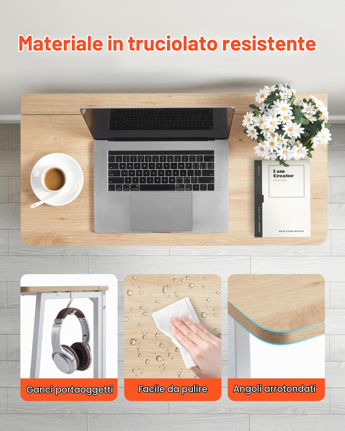 VEVOR Scrivania Pieghevole, Tavolo Piccolo da 80 cm, Tavolo per Computer, Robusto Pannello di Particelle con Ganci Portaoggetti, Postazione di Lavoro per Ufficio Domestico, Facile da Montare, Rovere