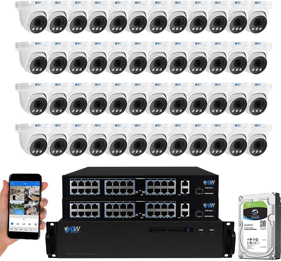 GW Security 64 Channel NVR UltraHD 4K Face Recognition NDAA & TAA Compliant Security Camera System with 48 x 8MP @25FPS Outdoor & Indoor PoE Turret Cameras, 10 Smart AI Functions