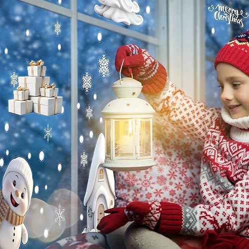 Miniatura 6 de CCINEE Adhesivos de ventana de Navidad, 8 hojas de calcomanías de doble cara para ventana, copos de nieve, alce, muñeco de nieve, casa, árbol de