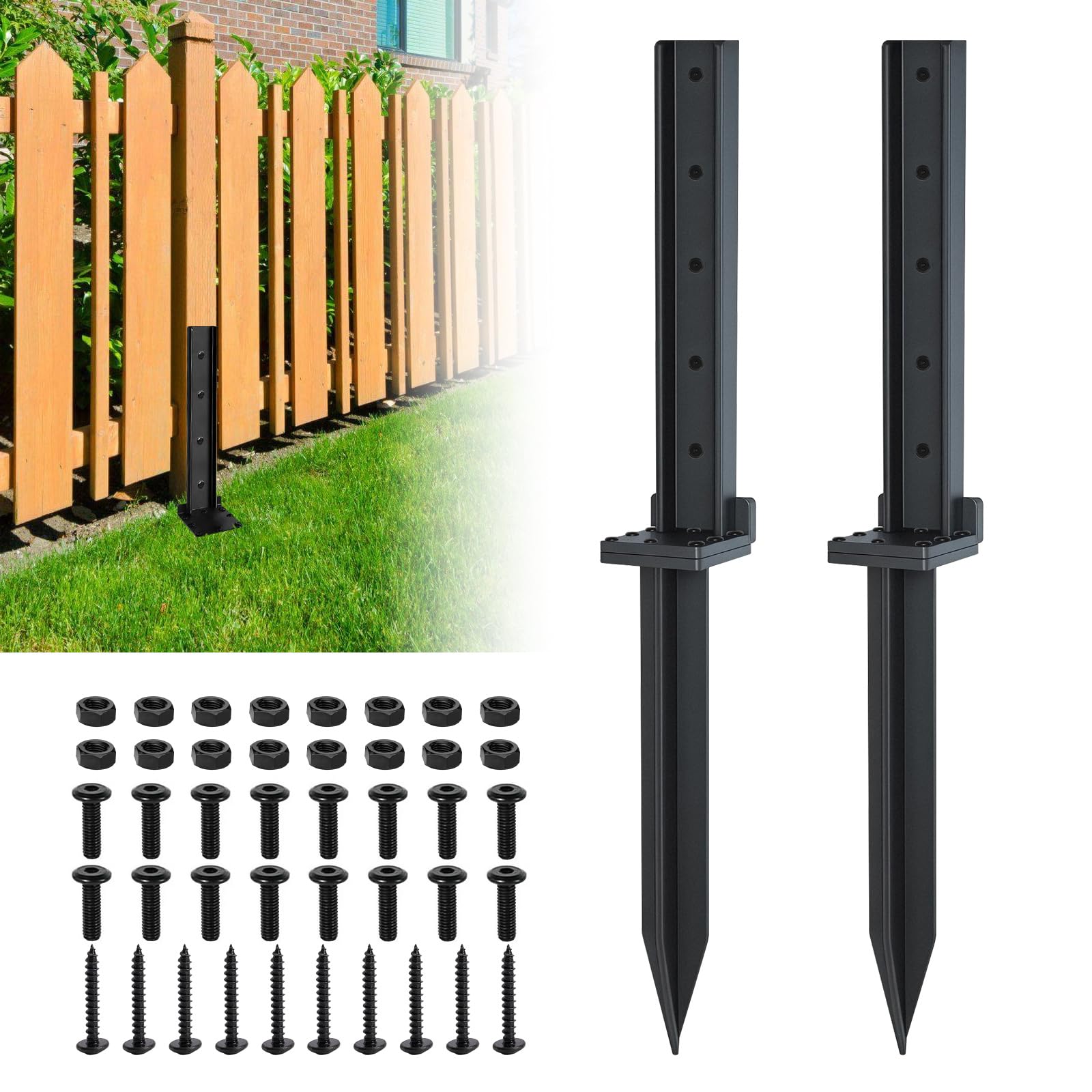 2 Pcak Fence Post Repair Kit, Heavy Duty Fence Post Repair Kit, Steel Fence Post Anchor Ground Spike,Fence Post Support Stake for Repairing Damaged Fence Gate Posts Sign Posts or Mailbox