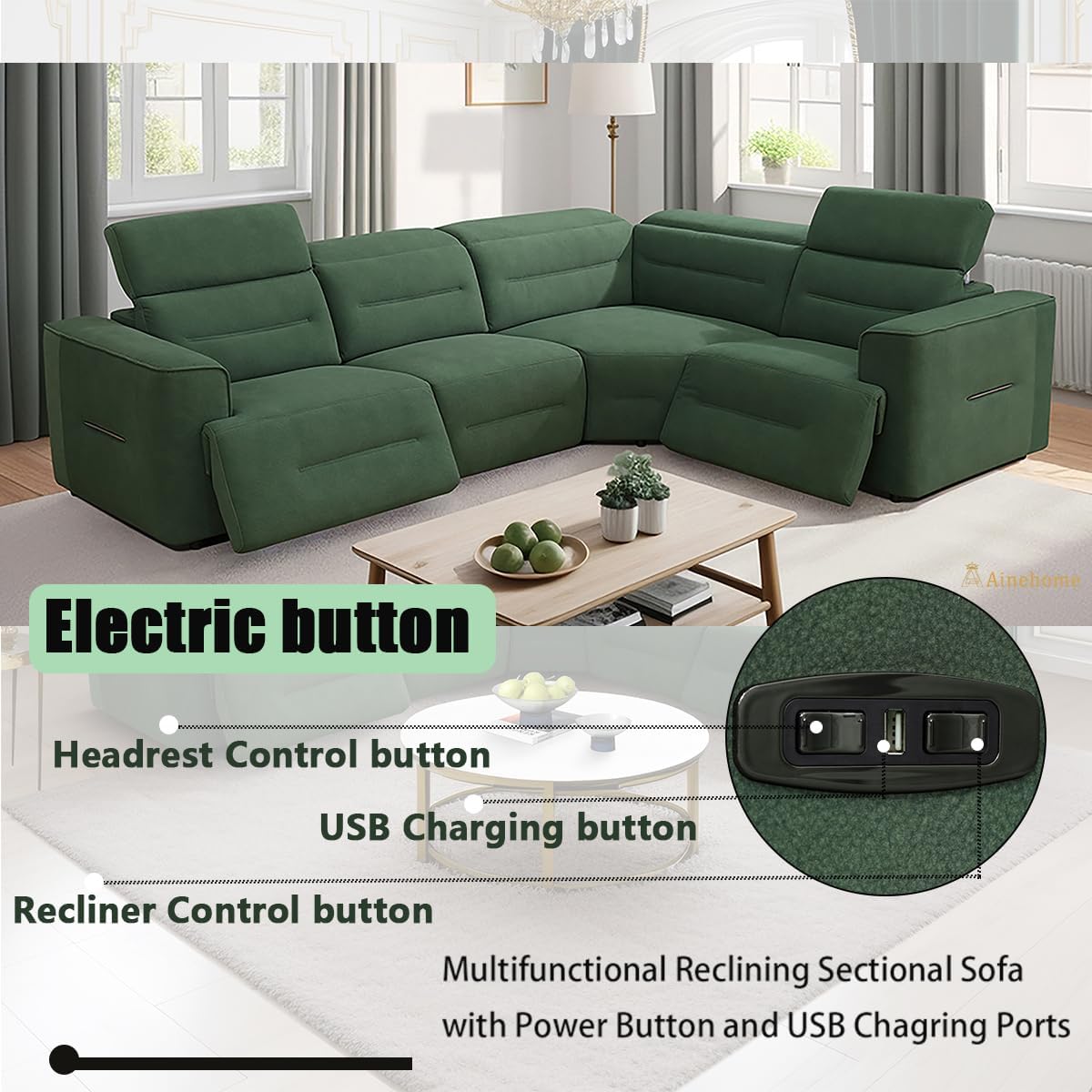 A Ainehome Power Recliner Sectional Sofa with USB Ports, Flannel Recliner Sofa Set with Adjustable Headrest, Reclining Sectional Couch, L-Shaped Living Room Furniture Set(4 Seater)