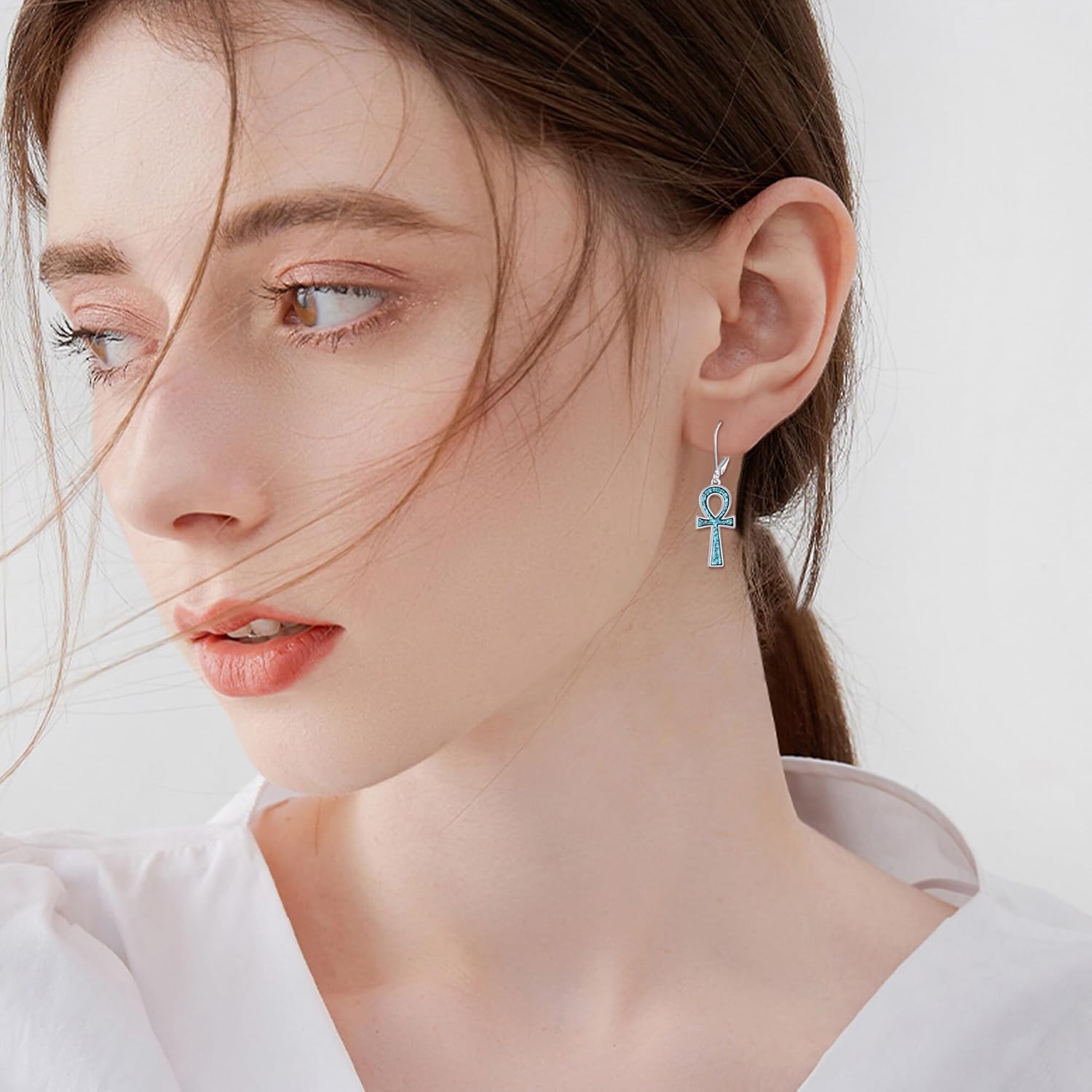 Turquoise Ankh Dangle Earrings Sterling SIlver Egyptian Jewelry Gift for Women