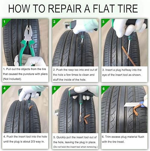 Miniatura 5 de HolaKit Tire Plug Kit, 22PCS Compact Tire Repair Kit with Rubber Plugs, Upgrade T-Handle, 4-Way Valve Steam Tool, Flat Tire Puncture Repair Tools