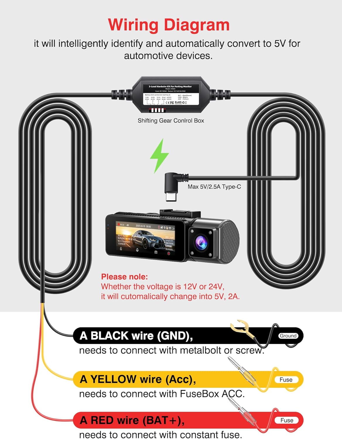 24/7 Parking Mode Hardwire Kit for Dash Cam Front and Rear, 11.5ft Type-C Cable with Low Voltage Cut-Off and Circuit Fuses, Converts 12-24V to 5V/2.5A for Dash Camera for Cars Continuous Surveillance
