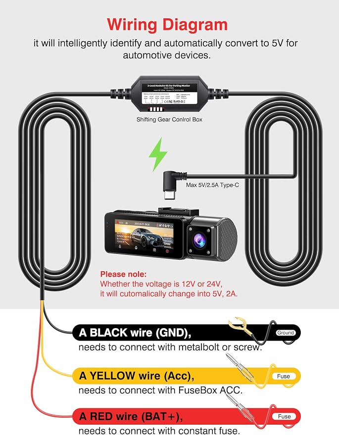 Kit de conexión 24/7 para dash cam con cable tipo C y protección de bajo voltaje miniatura 5