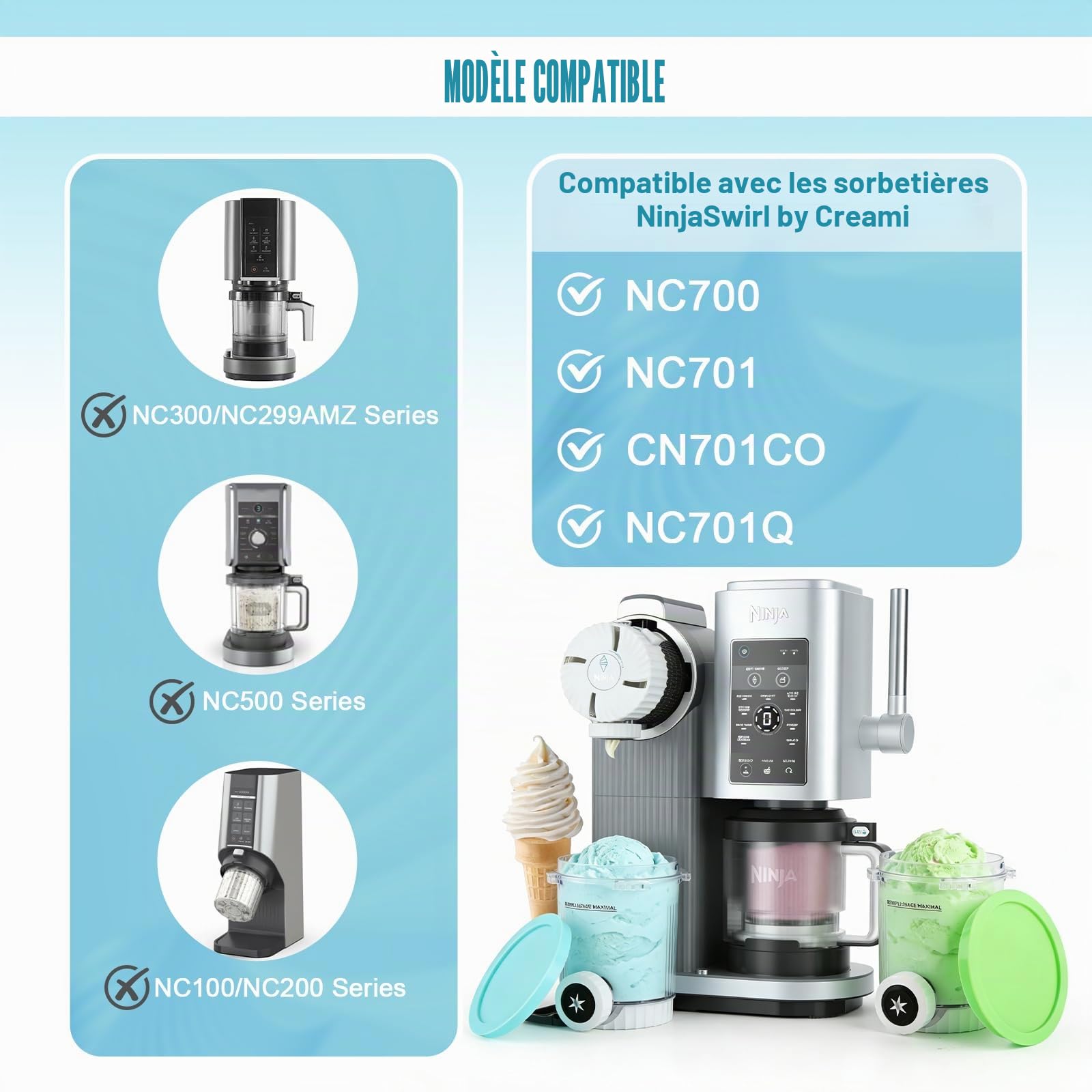 4 pièces de rechange pour Creami Swirl NC701EU 480 ml, sans BPA et lavable au lave-vaisselle, adaptés aux accessoires pour machines à glaces et à glaces à l'italienne