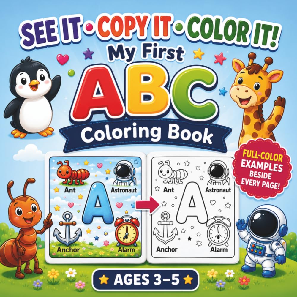 My First ABC Coloring Book: Learn Letters & Numbers with Guided Coloring Pages, Full-Color Examples to Copy, and Bold Easy Designs for Preschool Kids Ages 3–5 (My First Learning Adventures)