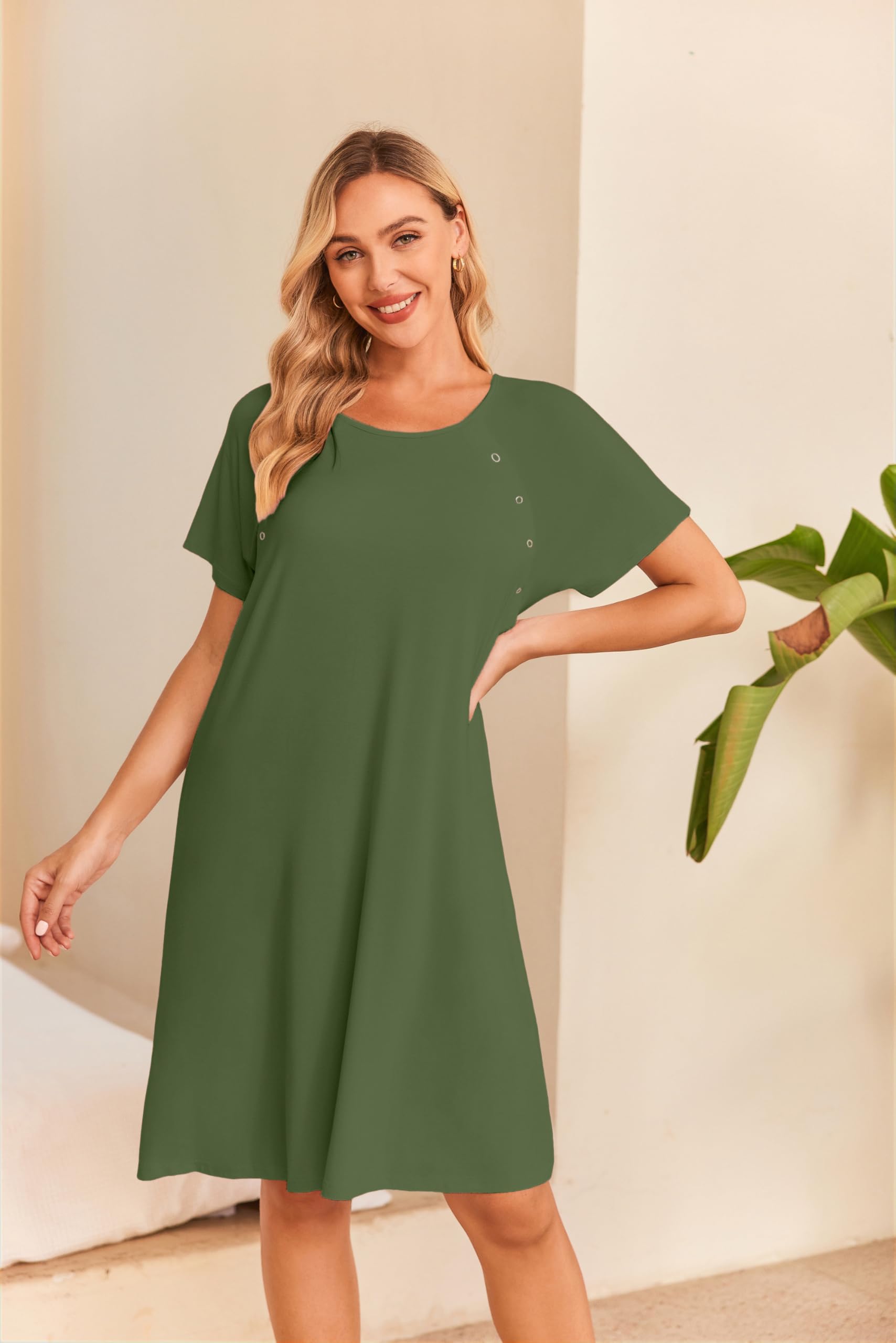 Ekouaer - Camicia da notte da donna per allattamento/parto/travaglio/ospedale, camicia da notte a maniche corte per maternità, camicia da notte con bottone S-XXL
