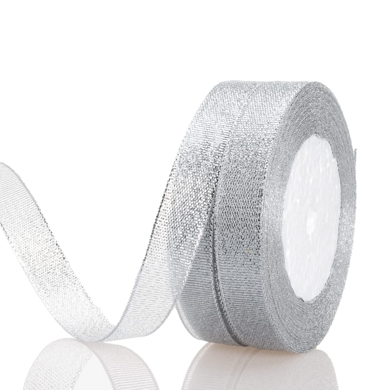 5/8 Inch Silver Glitter Ribbon, 50 Yards Sparkly Metallic Fabric Ribbons for Gifts Wrapping Wedding Party Decoration and Crafts