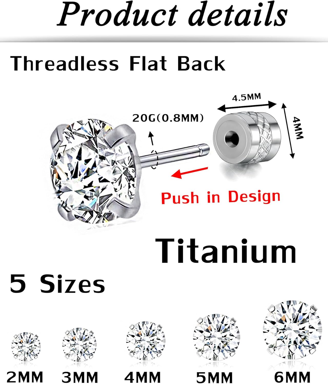 Tornito 5 Pairs 20G Titanium Threadless Flat Back Earrings Push-in Round Cubic Zirconia Earrings Studs Set Cartilage Earring Tragus Helix Piercing Jewelry For Men Women 2-6mm Silver Tone - Image 2