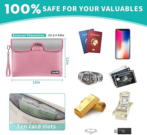 Miniatura 5 de Bolsa de dinero ignífuga de 15 x 11 pulgadas con cerradura, bolsa de documentos ignífuga de 5200 F con cremallera, 8 capas de aislamiento contra