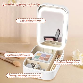Qivine Makeup Box with Mirror and Lights, Portable Makeup Box with Led Mirror, Cosmetic Case with Led Mirror, Makeup Travel Case, Portable Makeup Mirror with Light for Women Beauty Tools (White)