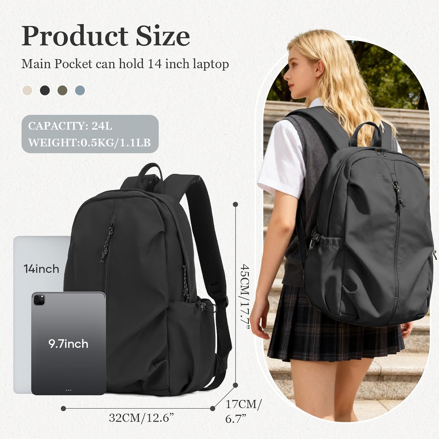 weradar Simple Black School Backpack For Women Men,Waterproof College Backpack,High School Bookbag For Teens Boys Girls,Lightweight Casual Daypack Travel Backpack - Image 2
