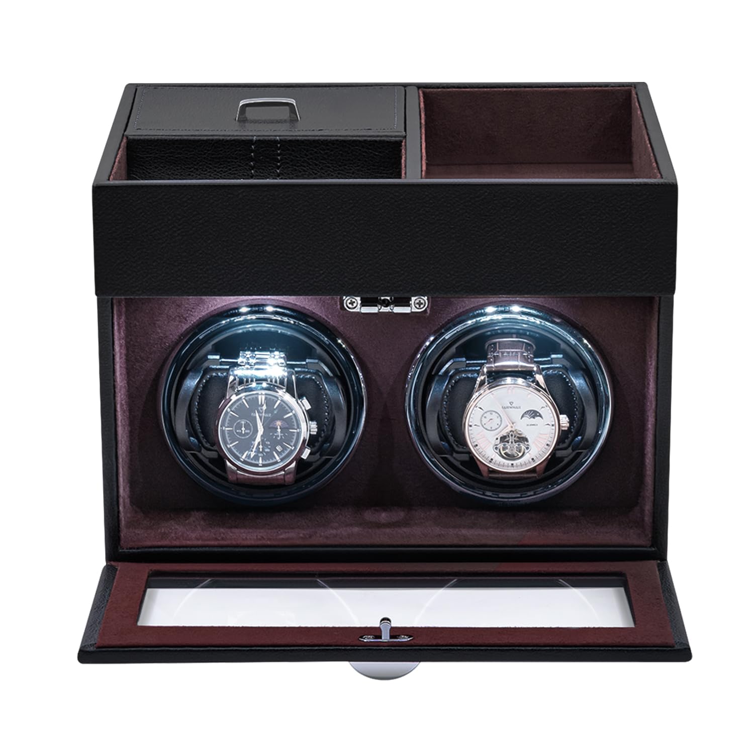 Mcbazel Multifunzionale Scatola Carica Orologio per 2 Orologi,Orologi Automatici Display LED Luce Scatola di Carica dell'Orologio Gioielli con Motore Silenzioso 1 Modalità di Rotazione -Vino Rosso