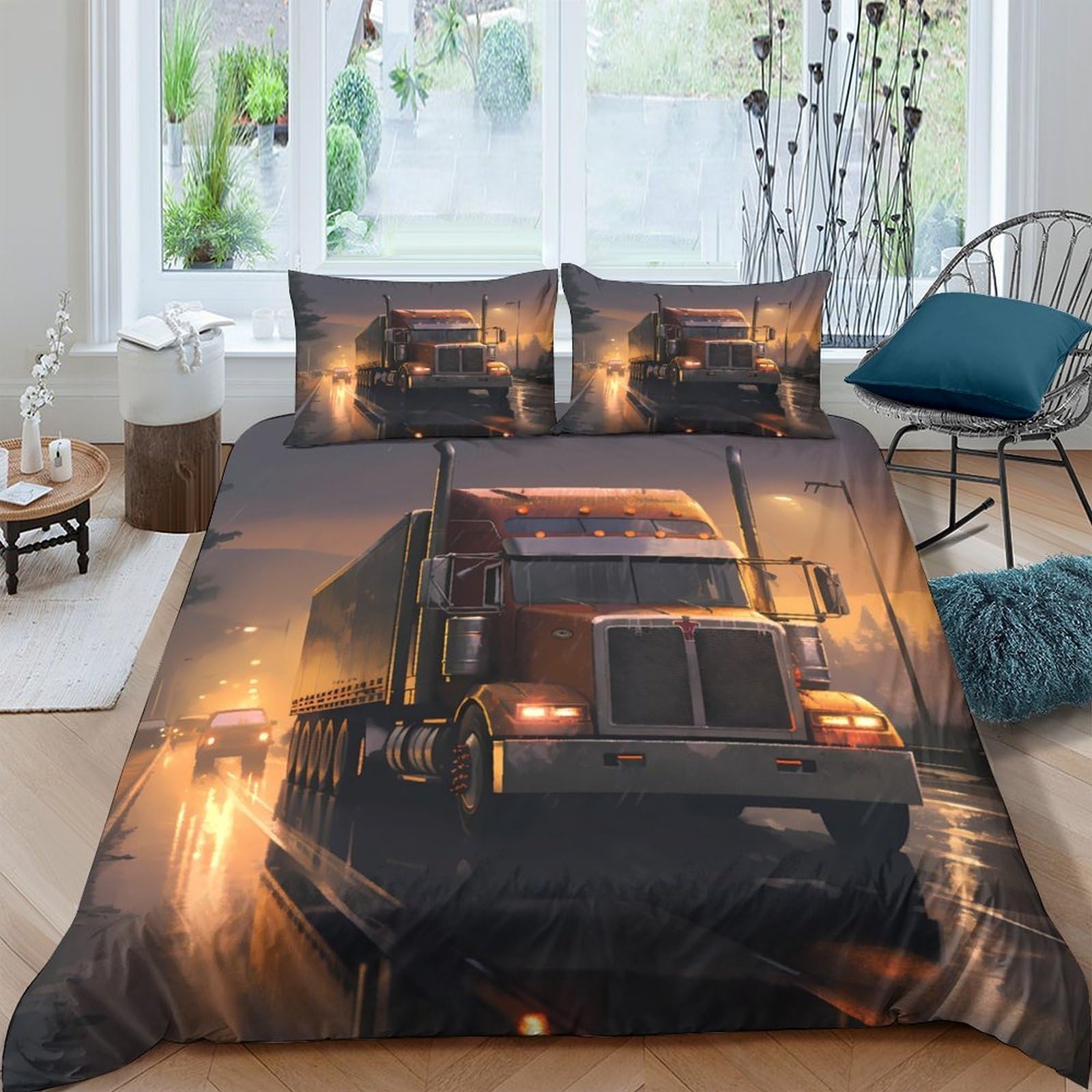 Ctjqhvkz Style-1 3D Printed Truck Night Road Fitted Sheet Microfiber Soft Anti-Slip Decor Bed Cover For Bedroom Guestroom Dorm Single（135X200cm）