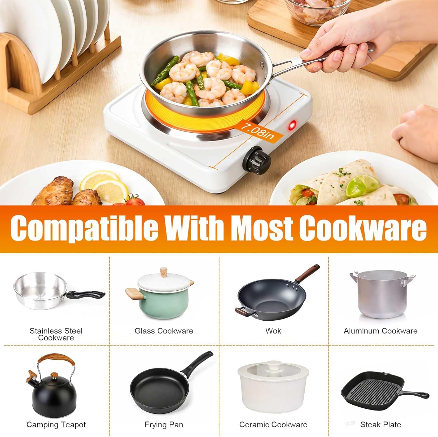 Portable Hot Plate, 1500W Cast Iron Single Countertop Burner, Electric Stove with 5 Levels Adjustable Temperature, Cooktop for Home RV Camping, Easy to Clean, White