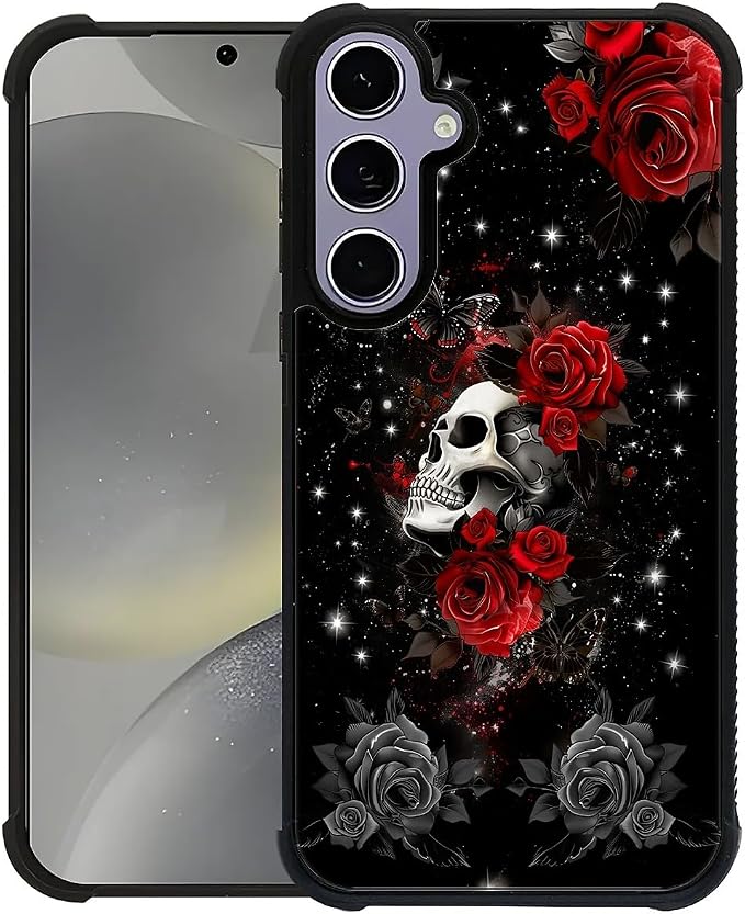 Compatible with Samsung Galaxy S24 Case, Skull Red Rose Pattern Print Phone Case Durable Fashion Funny Liquid Silicone Case Soft Anti-Scratch Shockproof Protective Cover